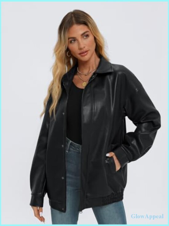 Oversized Faux Leather Motorcycle Jacket with Zipper Closure Long Sleeve - Picture 2 of 5